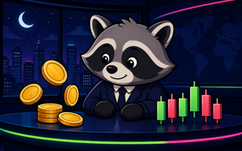 Comic raccoon news mascot with mittens at a night desk beside blank coins and candles