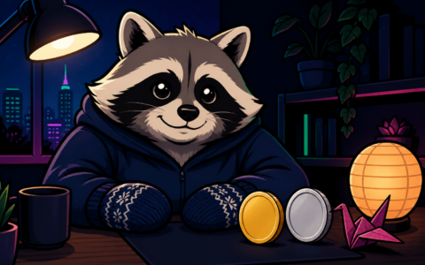Comic raccoon at a night desk with blank coins and mittens. No text.