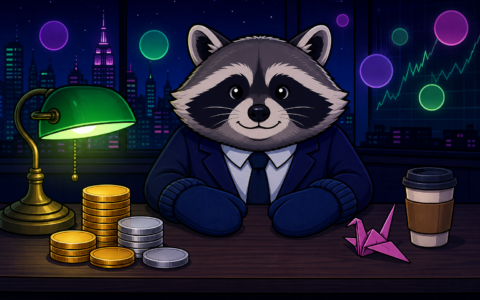 Comic raccoon news-desk mascot with mittens and unmarked coins. No text.