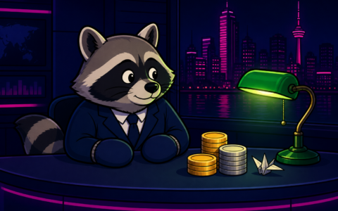 Comic raccoon news-desk mascot with mittens, unmarked coins, origami crane, and a green lamp. No text.