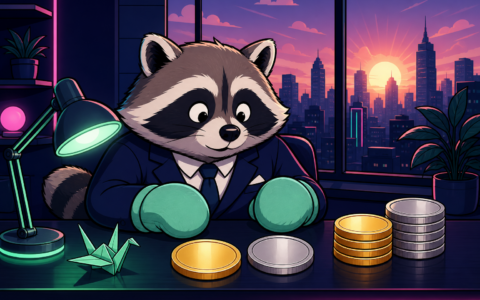 Comic raccoon in a navy suit and mint mittens at a sunrise desk with unmarked coins, an origami crane, and a green lamp. No text.