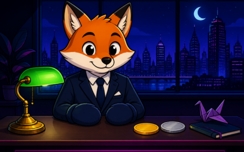 Comic fox mascot in mittens at a night news desk with unmarked coins. AI-generated illustration, no text.