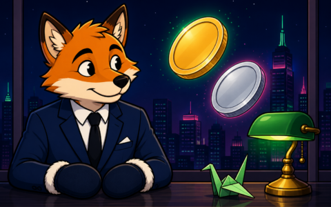 Comic fox mascot in a navy suit with mittens at a night desk, blank gold and silver coins, green lamp, origami crane, city skyline. No text.