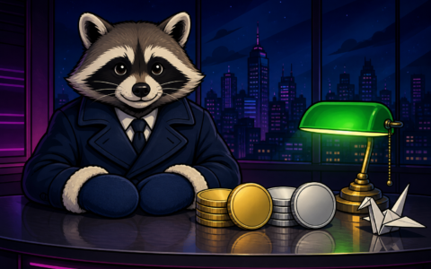 AI-generated comic illustration of a raccoon news-desk mascot. No text overlay.