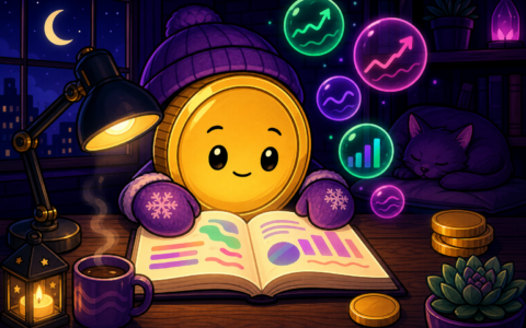 Comic coin mascot reading market charts at a night desk