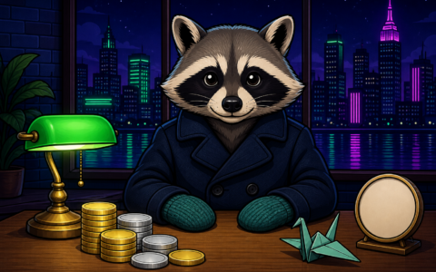 Comic raccoon in mittens at a news desk with unmarked coins and an origami crane