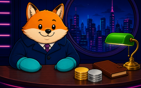 Fox mascot in mittens at a night news desk with blank coins and a green lamp