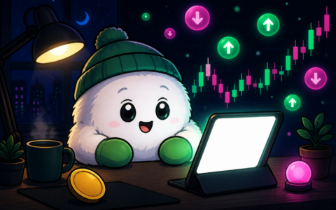 Comic illustration of a mittened mascot at a night crypto news desk with floating chart shapes