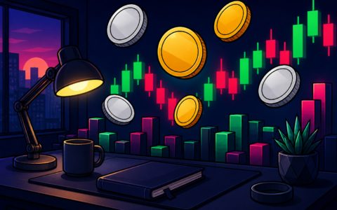 Comic illustration of a crypto news desk with blank coins and charts