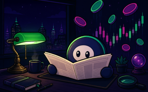 Comic illustration of a mittened desk mascot reading a blank newspaper beside a lamp, floating coins, and abstract candles. No text overlay.