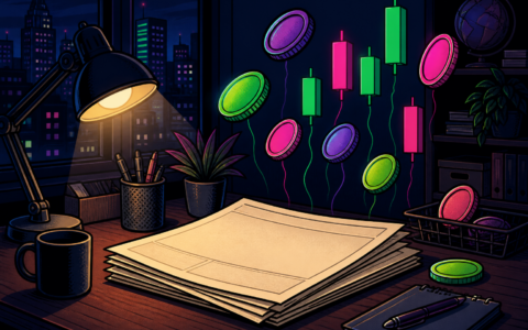 Comic illustration of a night crypto news desk with floating blank coins and candles