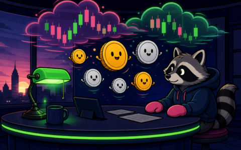Comic illustration of a news desk with floating coins and chart clouds