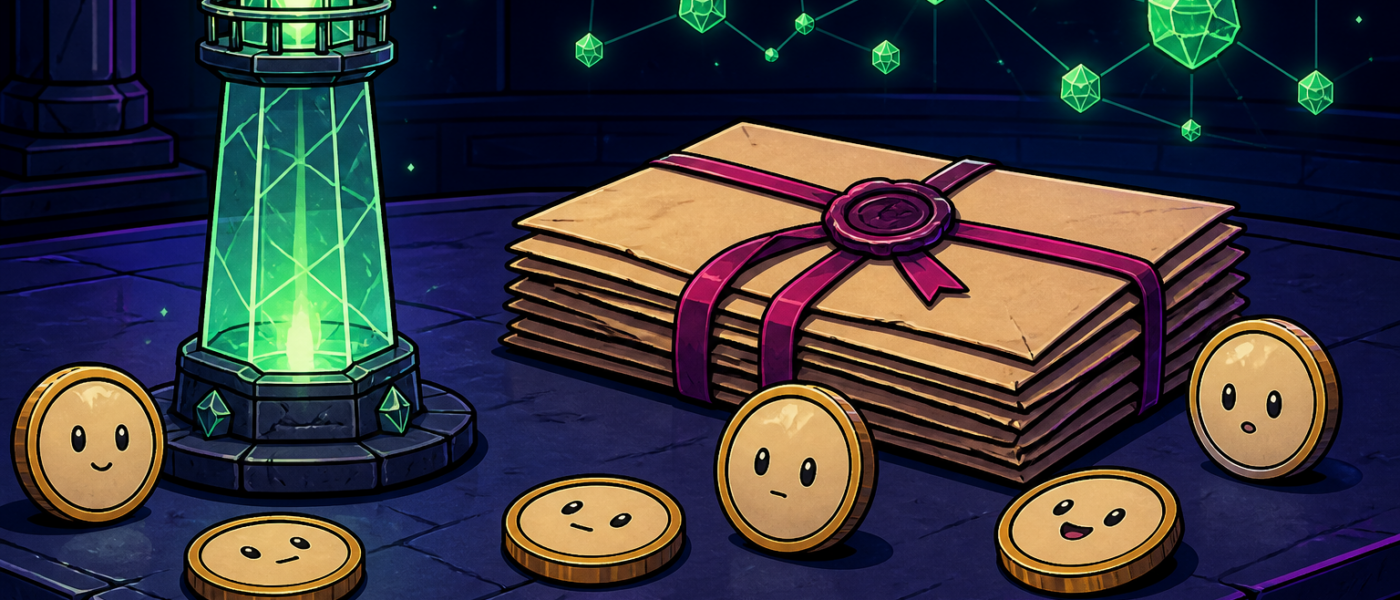 Comic still life of a crystal beacon, sealed grant papers, and coin characters. No text.
