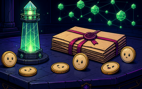 Comic still life of a crystal beacon, sealed grant papers, and coin characters. No text.