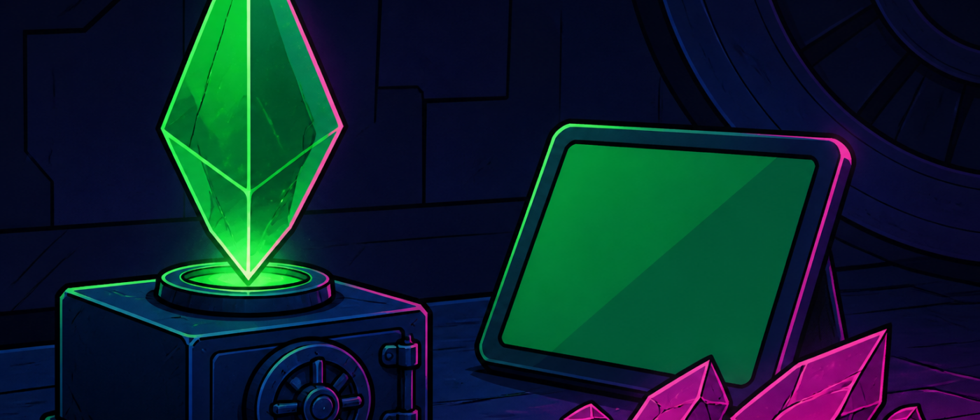 Comic illustration of vault props with green crystal and blank tablet