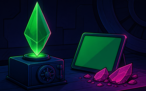 Comic illustration of vault props with green crystal and blank tablet
