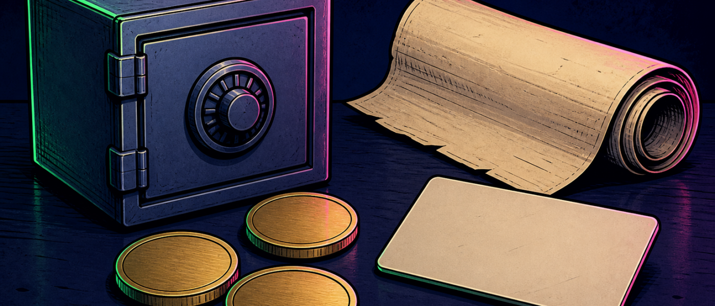 Vault, blank coins, blank card, and scroll on a dark desk. AI-generated comic illustration with no text.