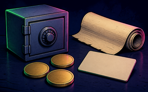 Vault, blank coins, blank card, and scroll on a dark desk. AI-generated comic illustration with no text.
