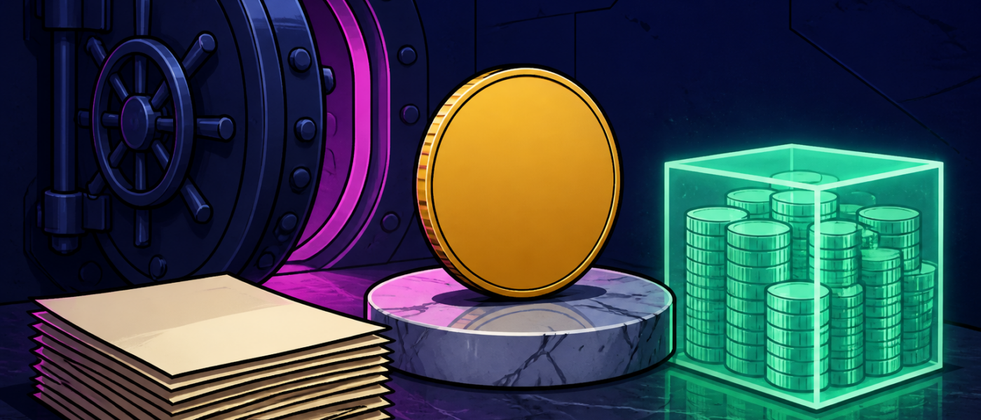 Comic still life of a vault door, blank gold disc, paper stack, and glowing coin cube. No text.