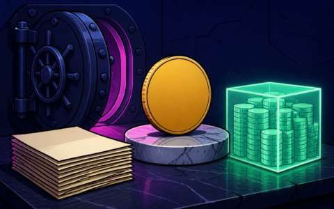 Comic still life of a vault door, blank gold disc, paper stack, and glowing coin cube. No text.