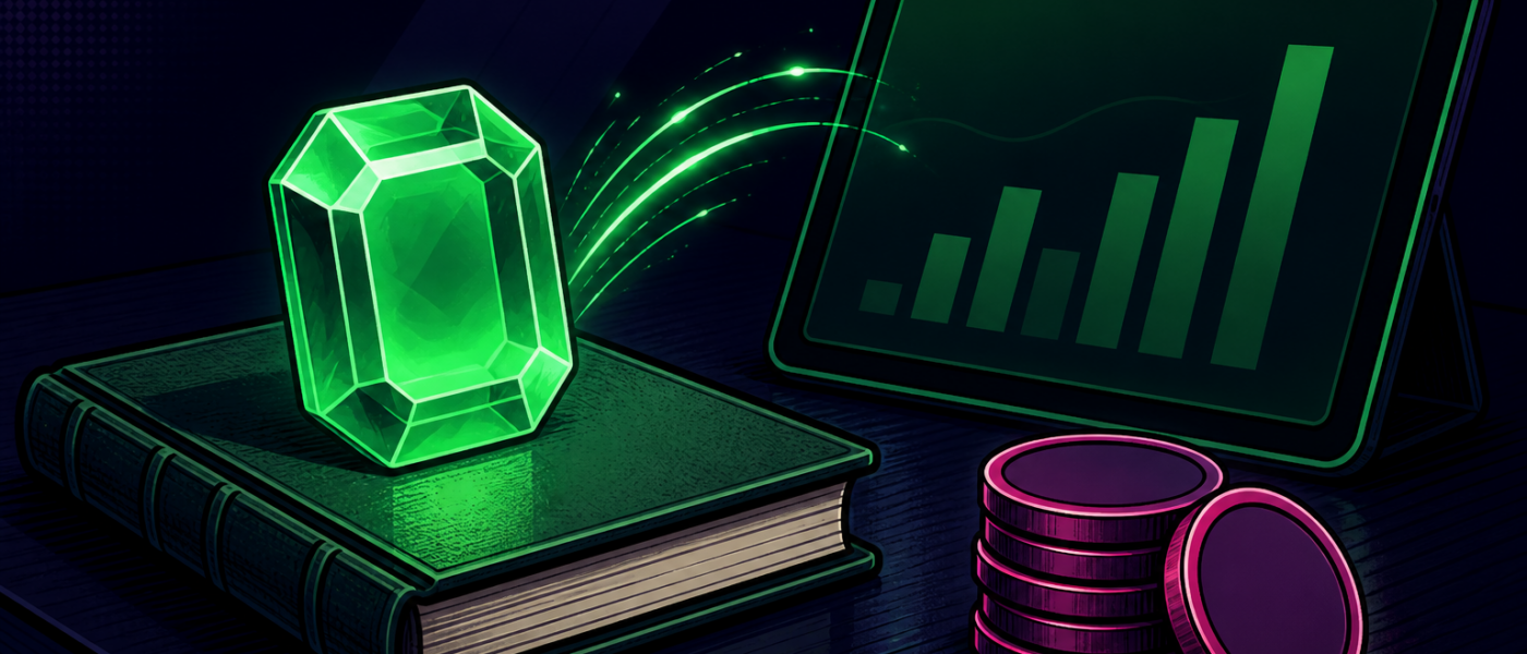 Comic illustration of crystal, ledger, blank coins and chart tablet