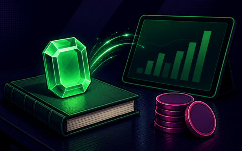 Comic illustration of crystal, ledger, blank coins and chart tablet