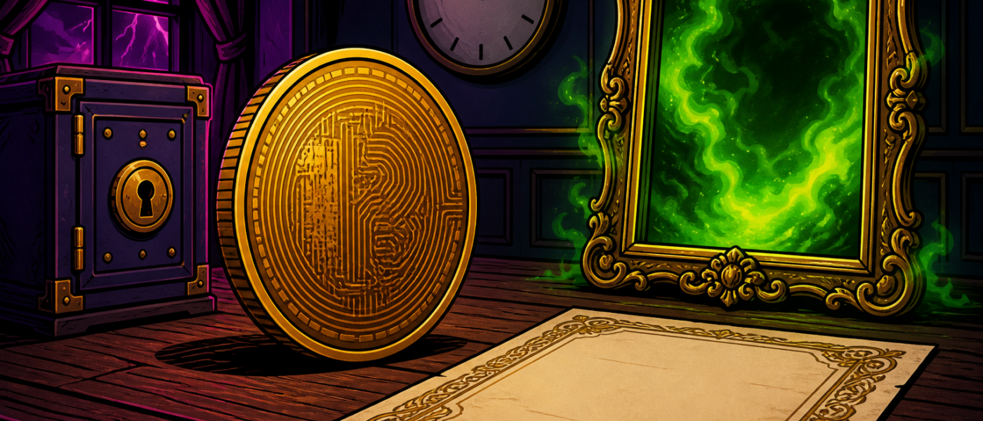 Comic still life of a gold coin, blank certificate, vault box, clock, and empty glowing frame. No text.