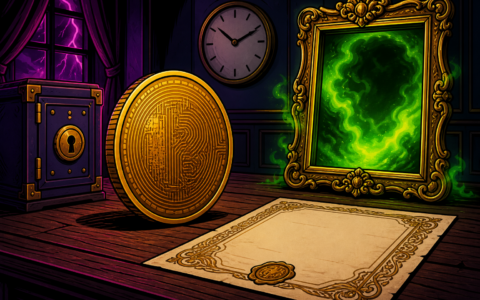 Comic still life of a gold coin, blank certificate, vault box, clock, and empty glowing frame. No text.