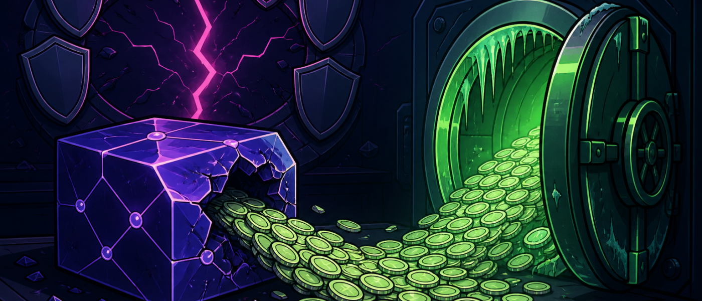 Comic illustration of a cracked blockchain node and open vault spilling blank coins