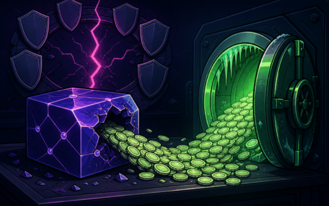 Comic illustration of a cracked blockchain node and open vault spilling blank coins