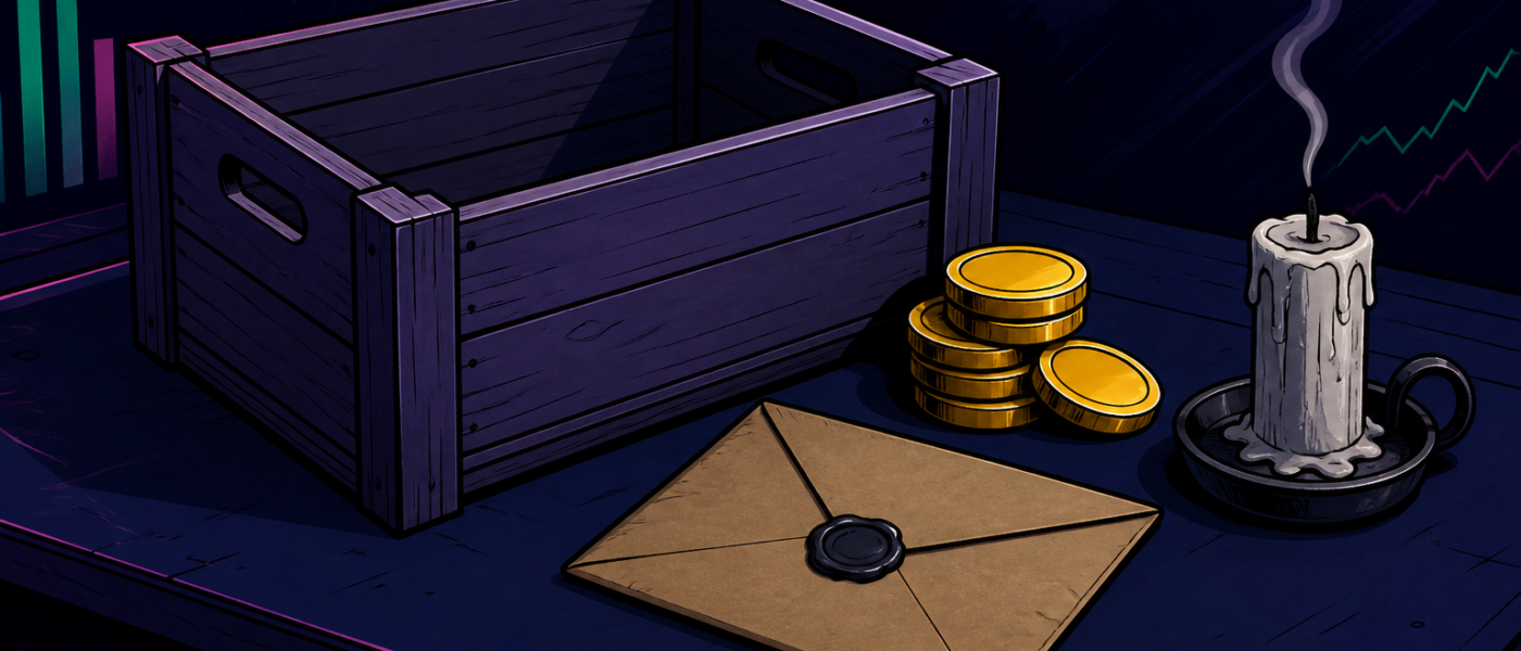 Comic still life of an empty crate, gold coins, sealed envelope, and extinguished candle on a dark desk