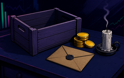 Comic still life of an empty crate, gold coins, sealed envelope, and extinguished candle on a dark desk