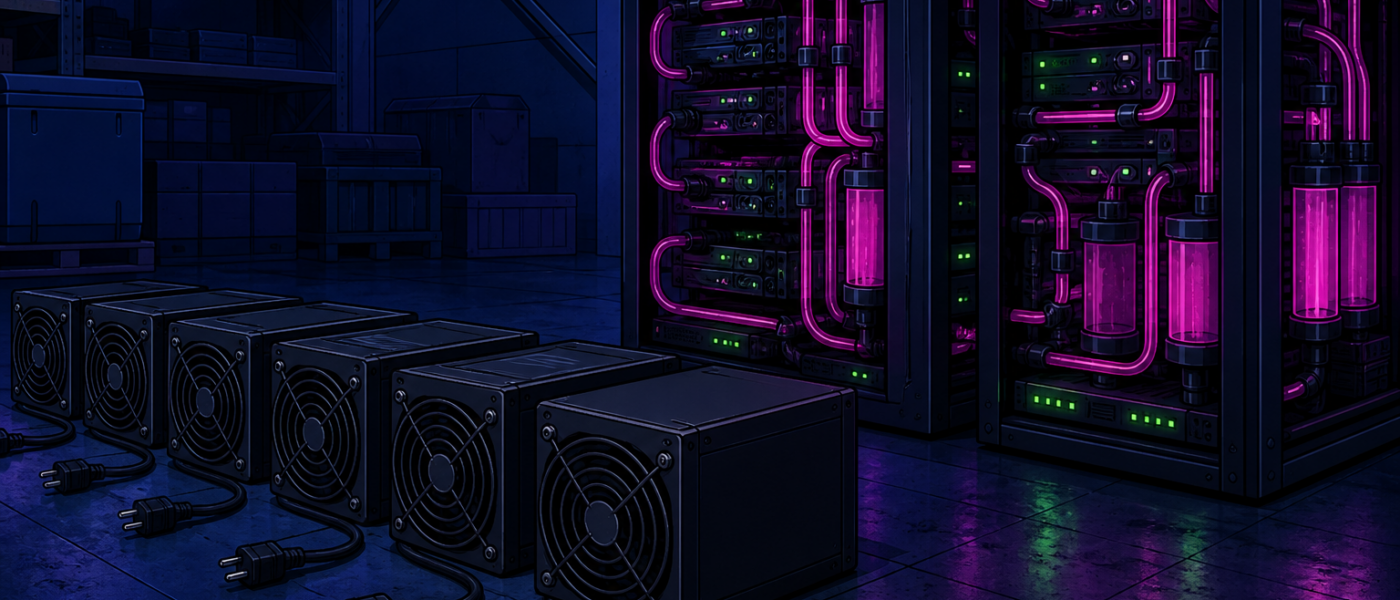 Unplugged blank miner boxes beside glowing liquid-cooled racks on a dark warehouse floor. AI-generated comic illustration with no text.