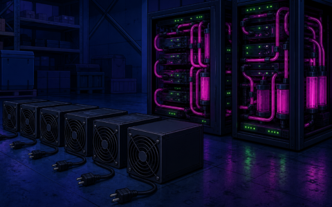Unplugged blank miner boxes beside glowing liquid-cooled racks on a dark warehouse floor. AI-generated comic illustration with no text.