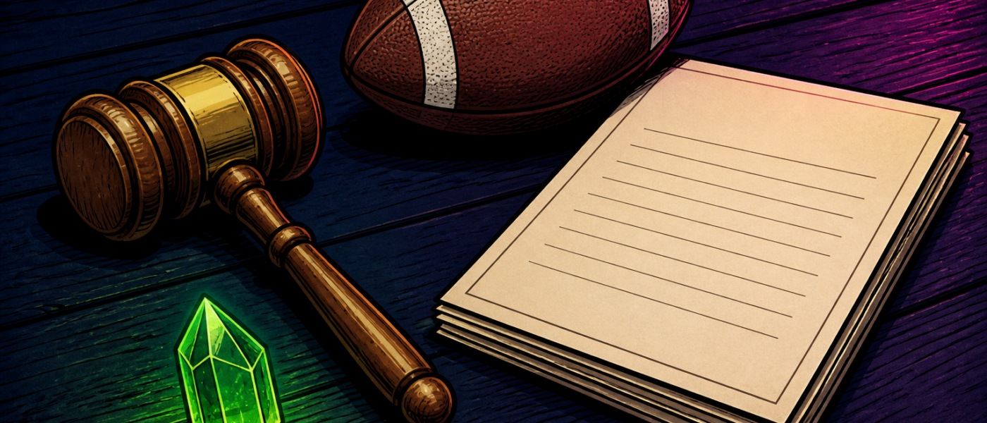 Comic still life of a gavel, football, blank papers, and a green crystal on a desk. No text.