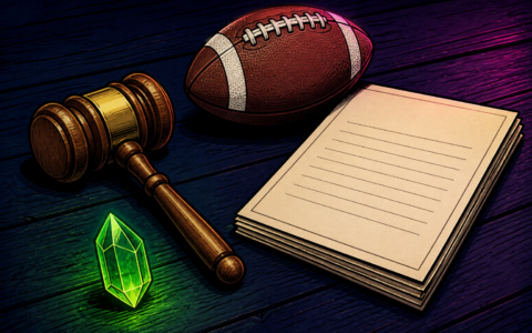 Comic still life of a gavel, football, blank papers, and a green crystal on a desk. No text.
