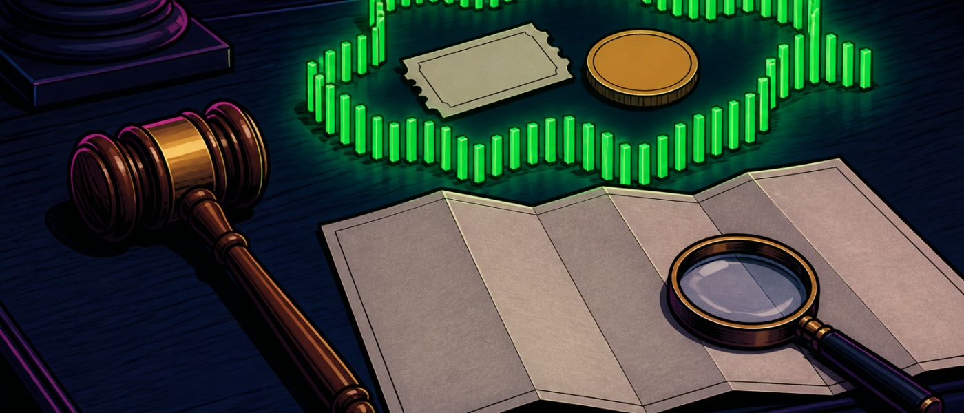 Comic still life of a gavel, blank map, magnifier, and a glowing green fence around a blank coin and ticket. No text or hands.