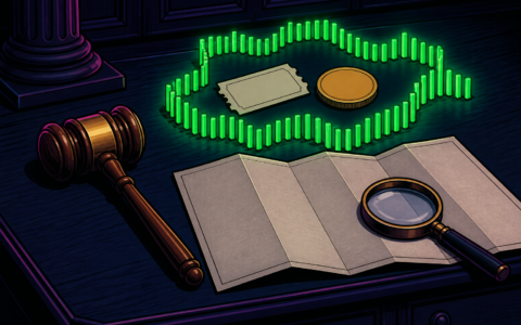 Comic still life of a gavel, blank map, magnifier, and a glowing green fence around a blank coin and ticket. No text or hands.