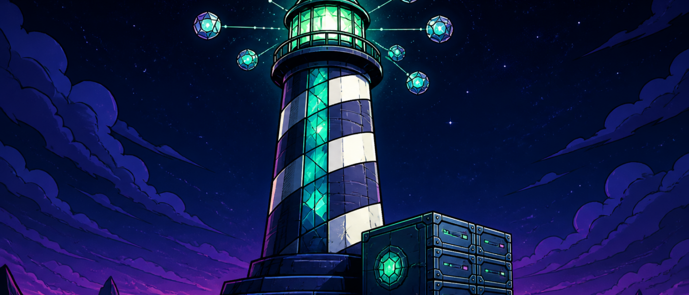 Comic illustration of a glass lighthouse beacon on a dark plateau with floating crystal nodes and sealed server boxes. No text.