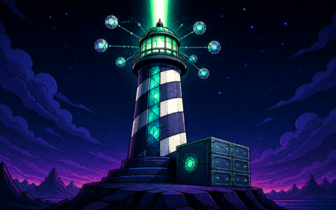 Comic illustration of a glass lighthouse beacon on a dark plateau with floating crystal nodes and sealed server boxes. No text.