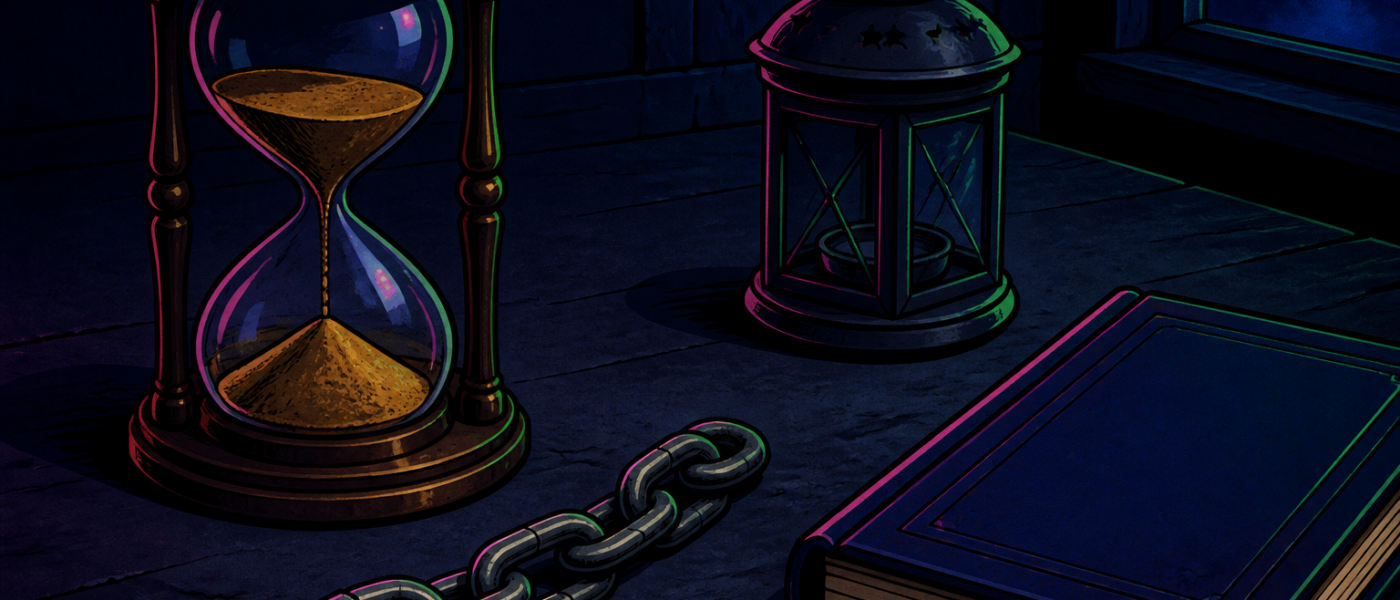 Comic still life of a frozen hourglass and an open chain link on a dark desk, no people