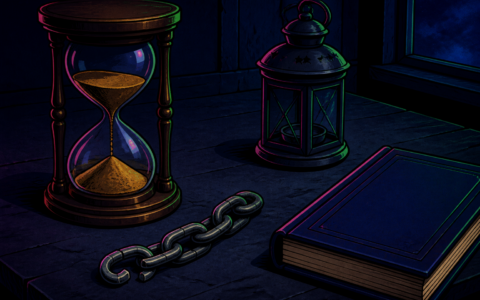 Comic still life of a frozen hourglass and an open chain link on a dark desk, no people