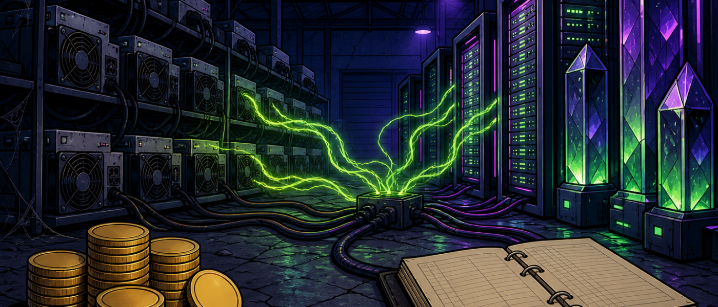 Comic illustration of a mining hall converting toward glowing compute racks with blank coin stacks and a blank ledger