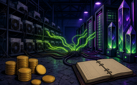 Comic illustration of a mining hall converting toward glowing compute racks with blank coin stacks and a blank ledger
