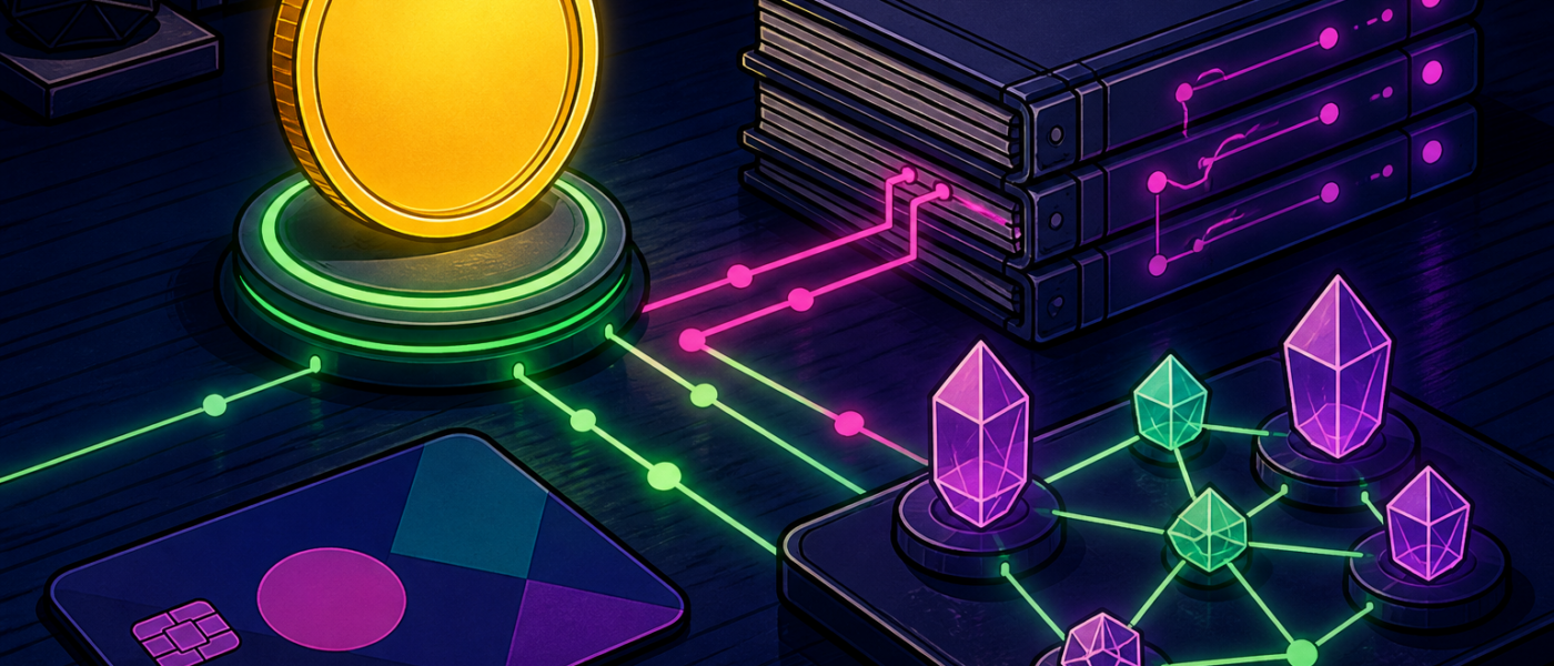Comic illustration of blank gold coin, ledgers, abstract card, and network crystals on a dark desk