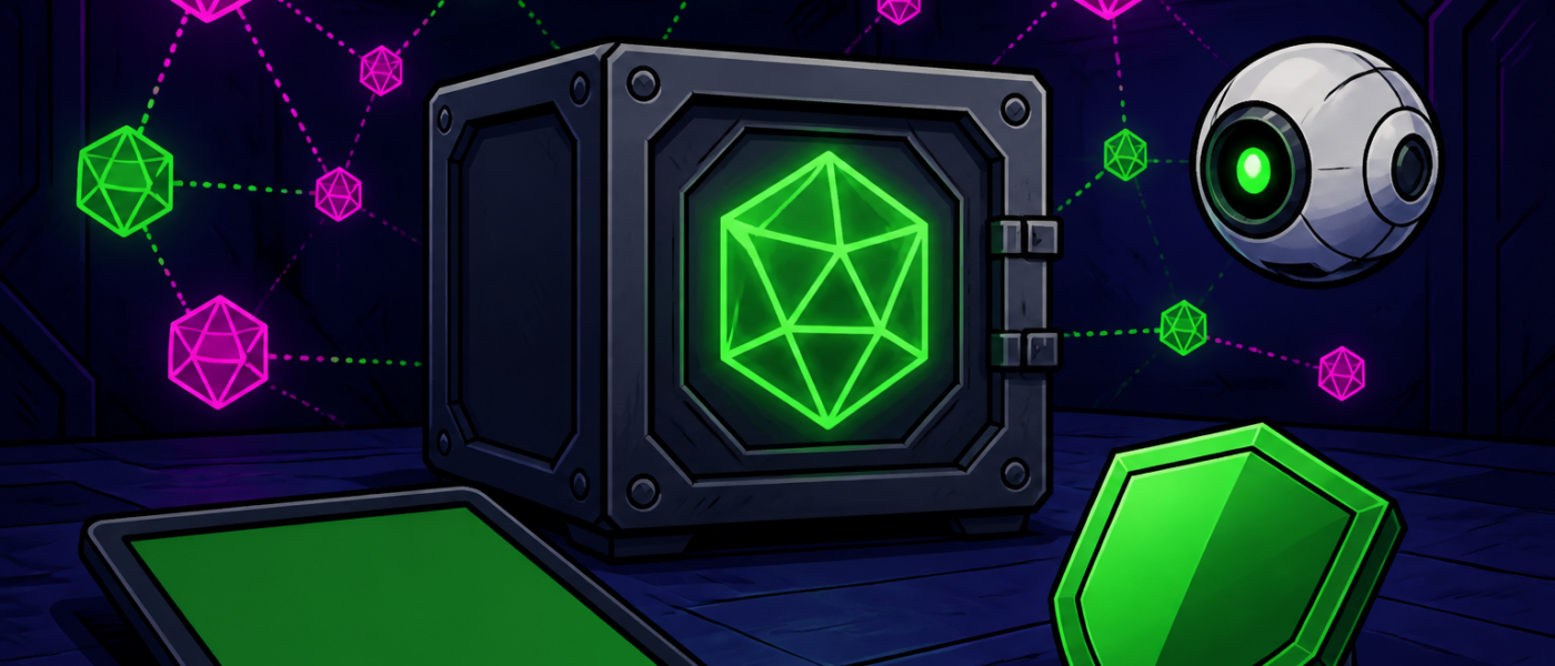 Comic illustration of a blank vault cube, crystal network nodes, shield, and agent orb with no text or hands