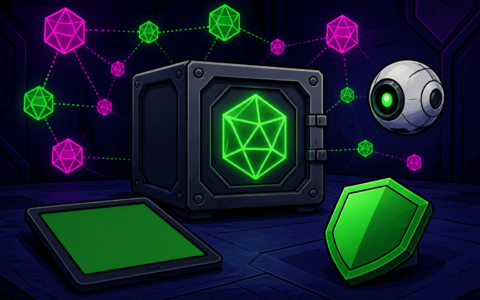 Comic illustration of a blank vault cube, crystal network nodes, shield, and agent orb with no text or hands