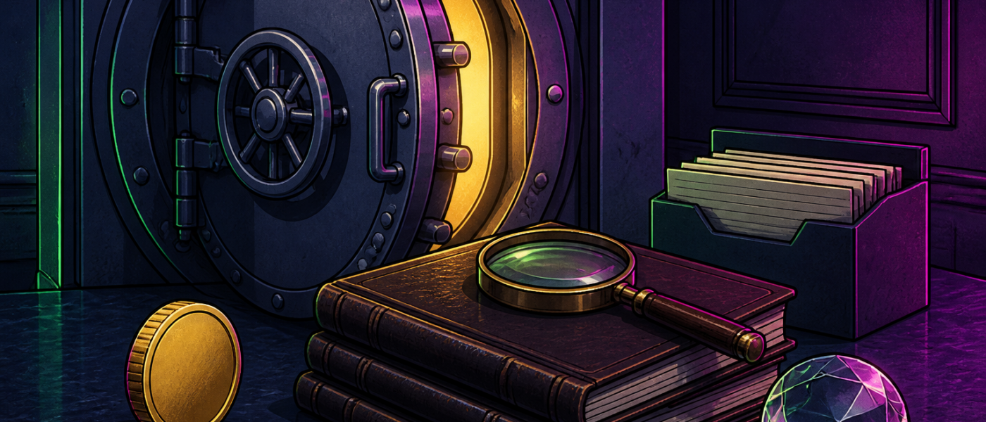 Comic still life of a vault door, blank coin, ledgers, and a resting magnifier