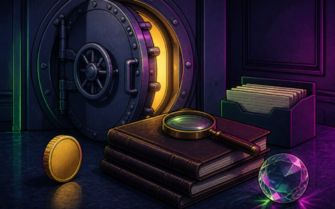 Comic still life of a vault door, blank coin, ledgers, and a resting magnifier