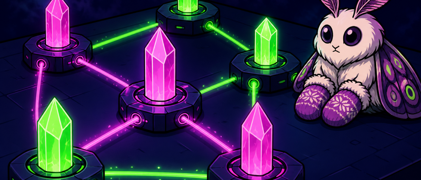 Comic illustration of crystal beacon nodes and a mittened moth mascot, no text